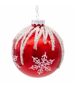 Boutique de Noël Winter Wonderland*Box Of 6 Red Glass Jewelled Glass Balls, Snowflake Design 80Mm