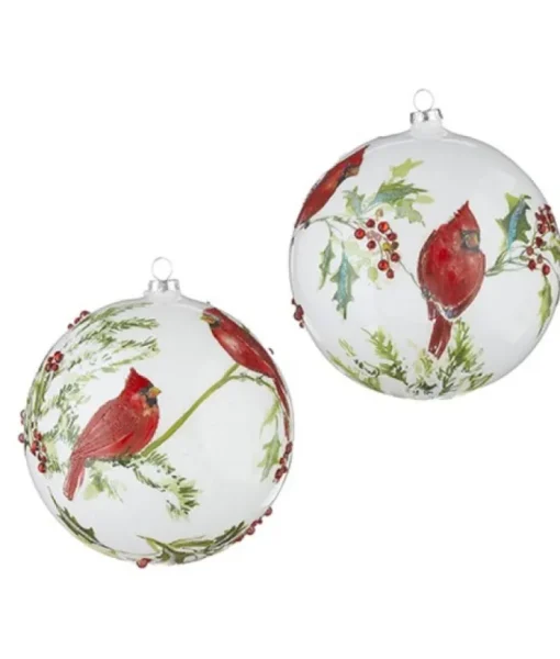 Boutique de Noël Miscellaneous*Glass Ball Ornament, With Cardinals On Holly Branch, 6"