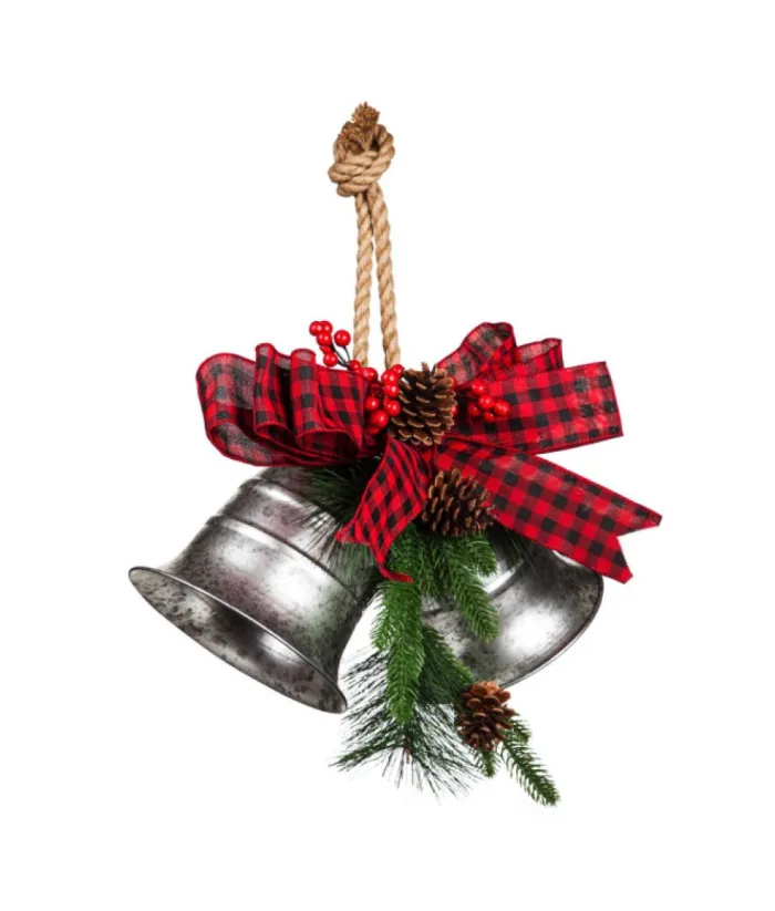 Boutique de Noël Christmas Classics*Home Decor, 15" Metal Bells With Red Ribbon