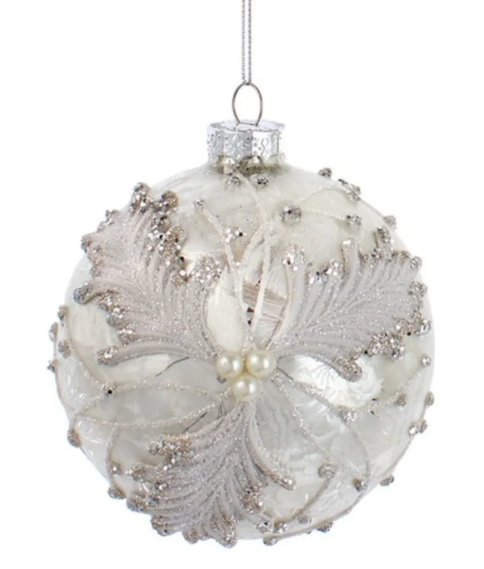 Boutique de Noël Winter Wonderland*Ornament, Frosted 100Mm Ball, With Ornate Oak Leaves And Pearl Like Decoration