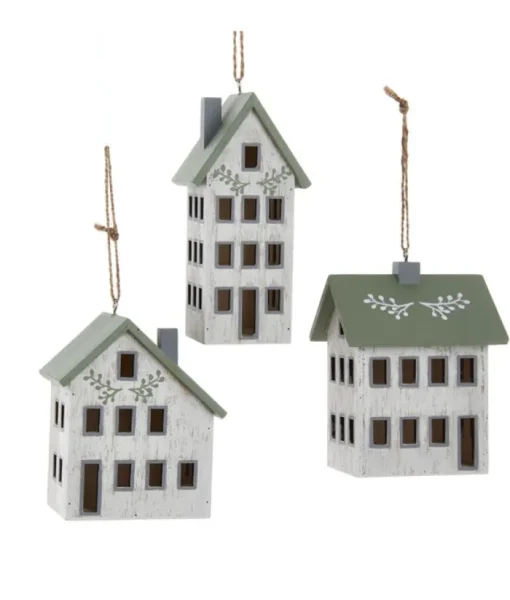 Boutique de Noël Rustic*Ornament, Wooden House, Ivory And Sage Colours.