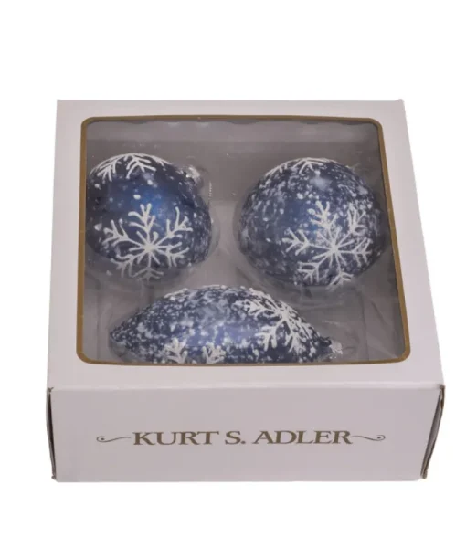 Boutique de Noël Glass Ball Boxes*Round, Onion And Filial Blue Glass Balls, With Snowflake Decoration, 80Mm, Box Of 3